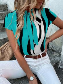 SHEIN Clasi Colourblock Print Tie Neck Blouse - Mint Green - View 6