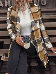 SHEIN Clasi 格紋印花大翻領腰帶花呢外套 - 彩色 - 查看 7