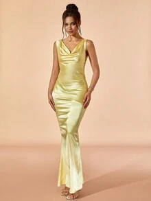 Satin Draped Collar Backless Mermaid Party Dress - Yellow - View 4