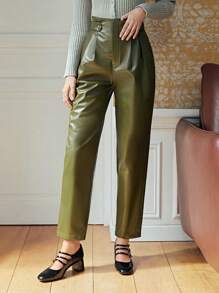 SHEIN Frenchy 高腰 PU 皮褲 - 軍綠色 - 查看 1