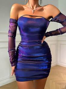 SHEIN Privé 一字肩前鏤空褶邊網紗緊身洋裝 - 紫色 - 查看 4