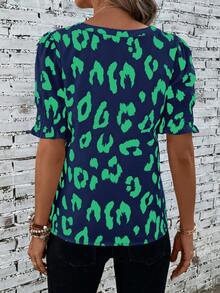 SHEIN LUNE 豹紋印花缺口領泡泡袖襯衫 - 彩色 - 查看 2