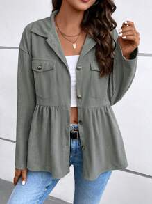 SHEIN LUNE Túi có nắp Thả vai Peplum Hem Áo khoác vải nhung - Xám - Xem 1