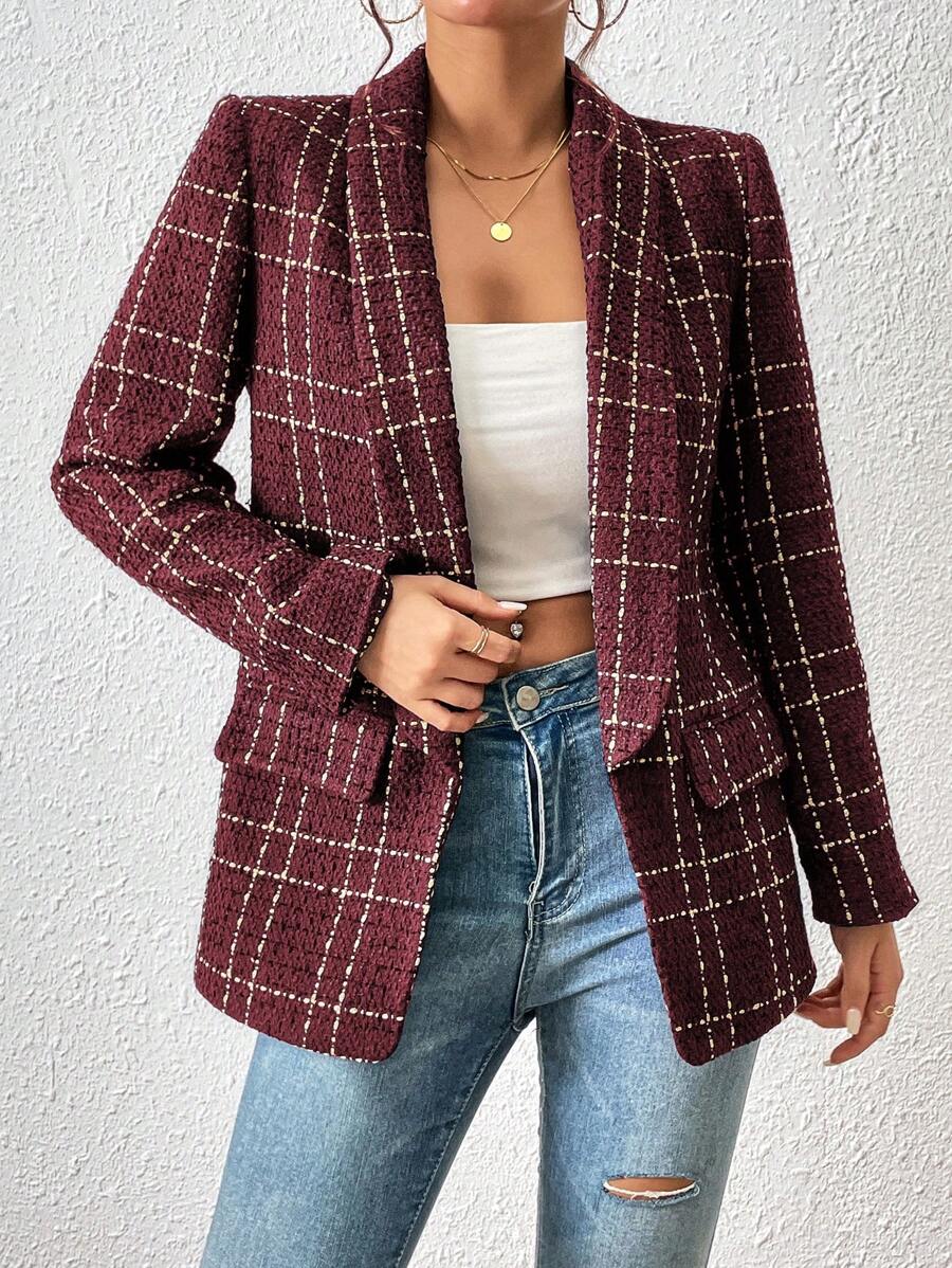 SHEIN Frenchy Kẻ sọc Khăn quàng Mở Mặt trước Áo vest - Đỏ - Xem 1