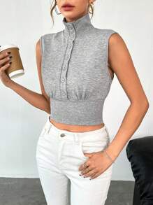 SHEIN Essnce Half Button Crop Tank Top - Grey - View 4