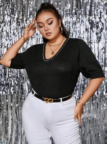 Celure 休閒珠子 水鑽純色大碼針織上衣 - 黑色 - 查看 1