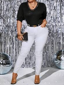 Celure 休閒珠子 水鑽純色大碼針織上衣 - 黑色 - 查看 4