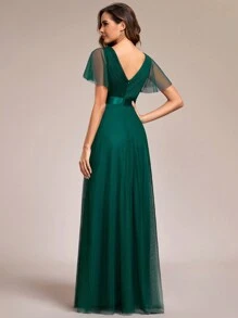 Elegant V-Neck A-Line Sheer Dark Green Bridesmaid Dress, Suitable For Wedding Guests, Wedding Parties, Formal Occasions, Valentine's Day And More - Dark Green - View 3