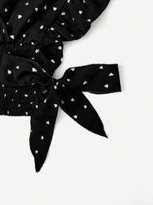 Trelyra Allover Heart Print Bow Side Blouse - Black - View 5