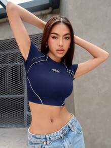 SHEIN ICON Thư được vá Contrast Piping Áo phông Crop - Màu xanh hải quân - Xem 4