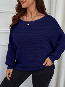 SHEIN LUNE Plus Batwing Sleeve Ribbed Knit Sweater Knit Pullover Fall Winter Autumn Sweater - Navy Blue - View 5