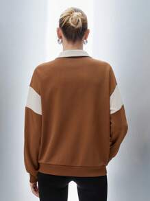 SHEIN Unity 字母图案撞色滚边落肩套头卫衣，秋季卫衣 - 棕色 - 查看 2