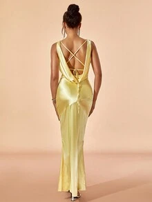 Satin Draped Collar Backless Mermaid Party Dress - Yellow - View 2