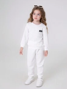 SHEIN Young Girl 2pcs Letter Patched Detail Drop Shoulder Sweatshirt - Hot Pink - View 5