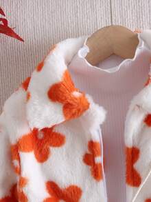 SHEIN Young Girl 1pc Floral Pattern Zipper Front Teddy Coat - White - View 4