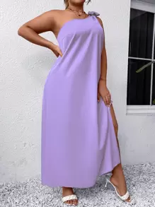 Breezaya 大碼單肩打結細節高衩洋裝 - 淡紫色 - 查看 4