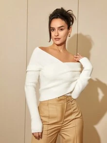 女士露肩长袖毛衣，性感露背上衣，适合春夏季 - 白色 - 查看 5