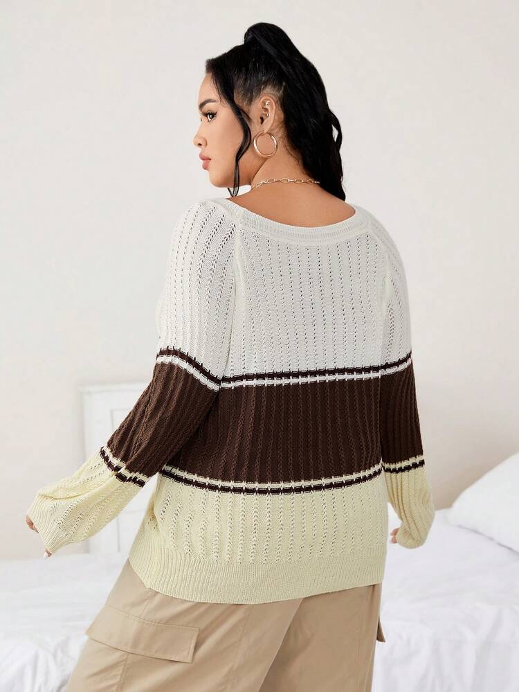 Plus Colorblock Boat Neck Sweater Knit Pullover Fall Winter Sweater
