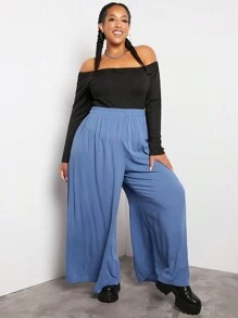 SHEIN CURVE+ 大碼素色闊腿褲 - 霧霾藍 - 查看 6