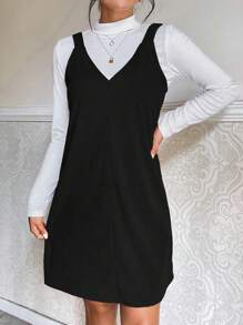 SHEIN LUNE Chất rắn Đầm Pinafore Without Tee - màu đen - Xem 5