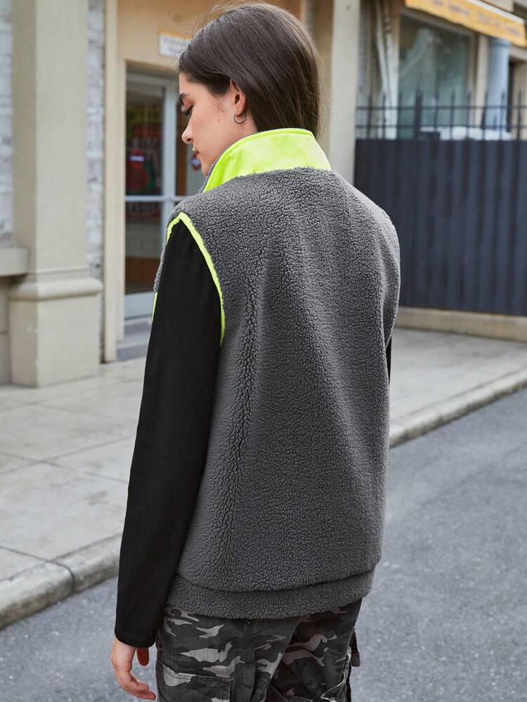Color Block Zip Up Turtleneck Vest Coat