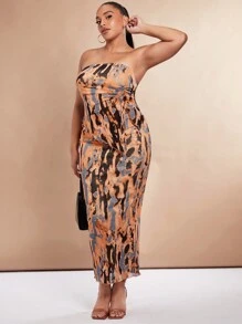 SHEIN BAE 大碼滿版印花抹胸上衣&半身裙 - 鏽棕色 - 查看 1