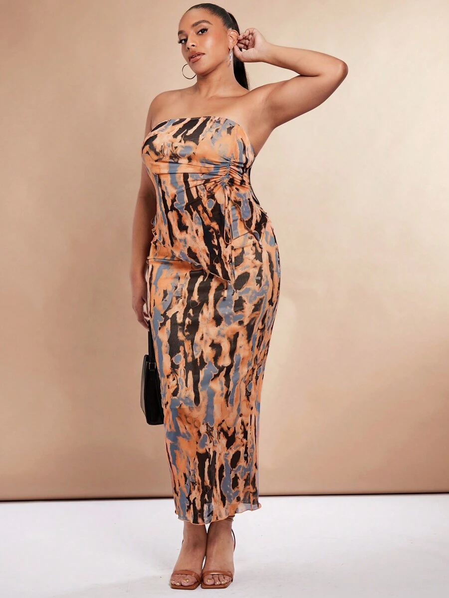 SHEIN BAE 大碼滿版印花抹胸上衣&半身裙 - 鏽棕色 - 查看 1