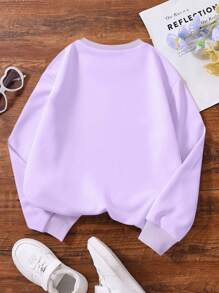 SHEIN Tween Girl Cartoon And Slogan Graphic Sweatshirt - Purple - View 2