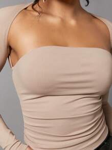 SHEIN BAE Solid Ruched Tube Top With Bolero - Khaki - View 6