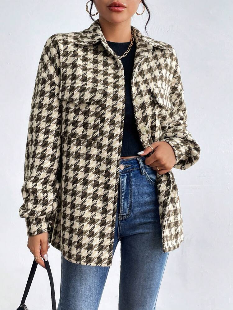 Houndstooth Print Drop Shoulder Flap Pocket Coat