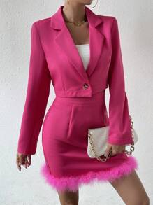 SHEIN Privé 西裝領單釦西裝外套&毛茸邊半身裙 - 玫紅色 - 查看 1