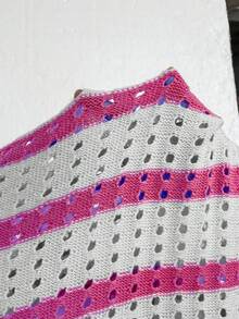 Calvaya Plus Striped Pattern Drop Shoulder Hollow Out Cardigan & Knitted Shorts - Hot Pink - View 8