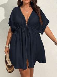 SHEIN VCAY 大码抽绳腰部蝙蝠袖和服夏季