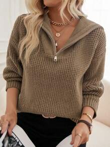 SHEIN LUNE Half Zip Drop Shoulder Sweater - Khaki - View 6