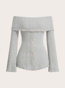 SHEIN EZwear 一字肩前紐扣T恤 - 淺灰色 - 查看 1