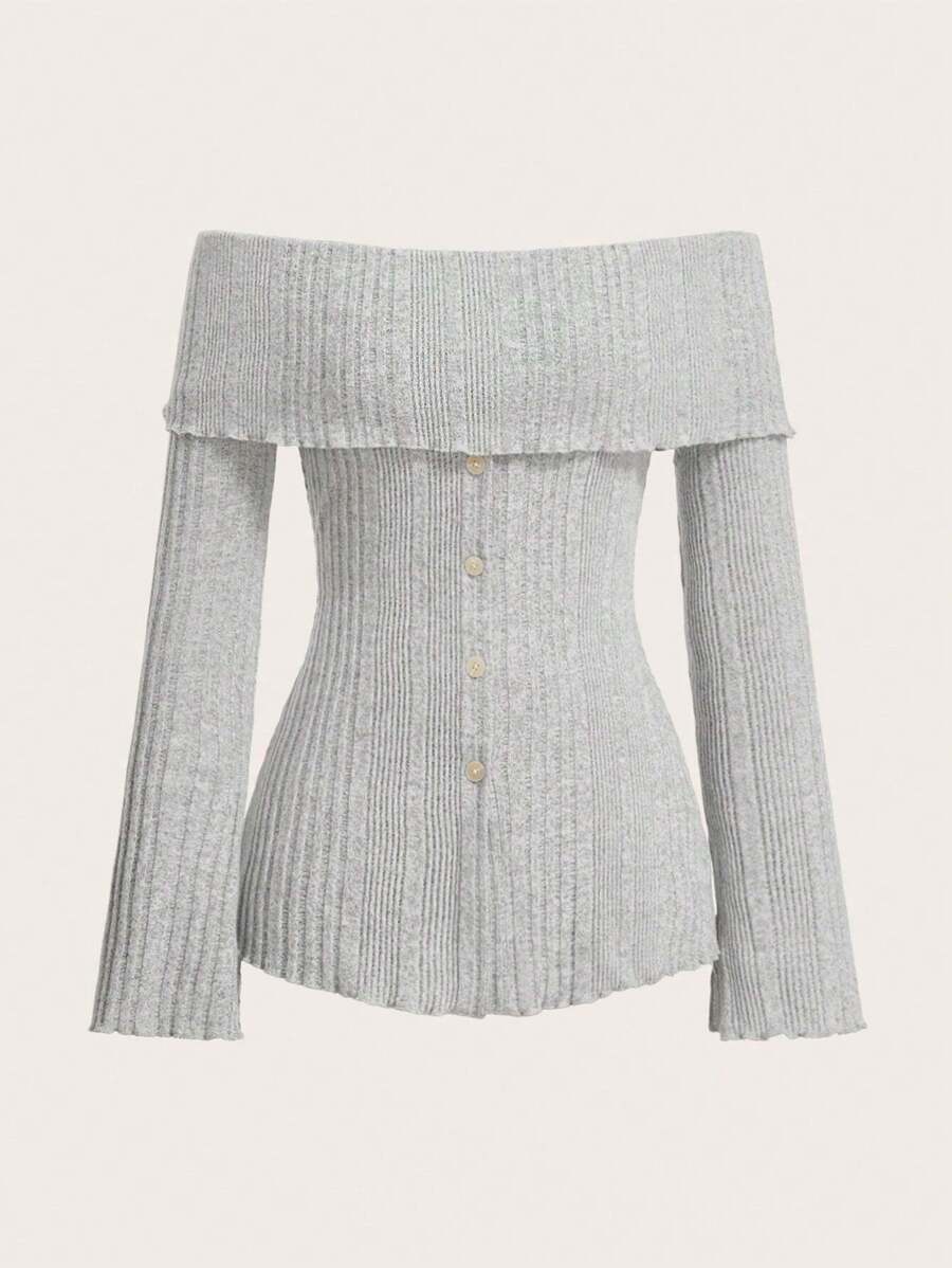 SHEIN EZwear 一字肩前紐扣T恤 - 淺灰色 - 查看 1