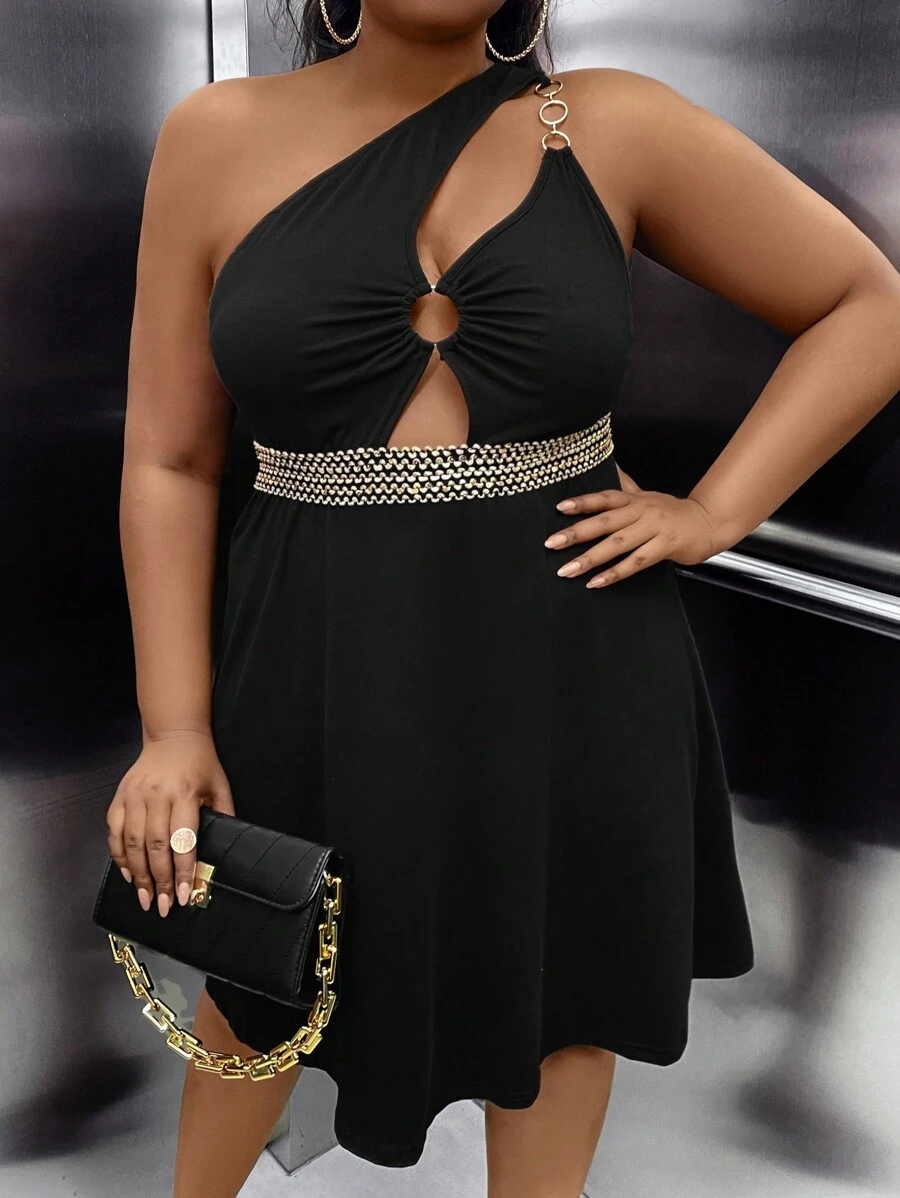 Maweii Plus One Shoulder Ring Linked Cut Out Dress - Black - View 1