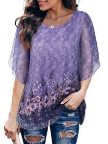Floral Print Petal Sleeve Mesh Overlay Tee - Mauve Purple - View 1