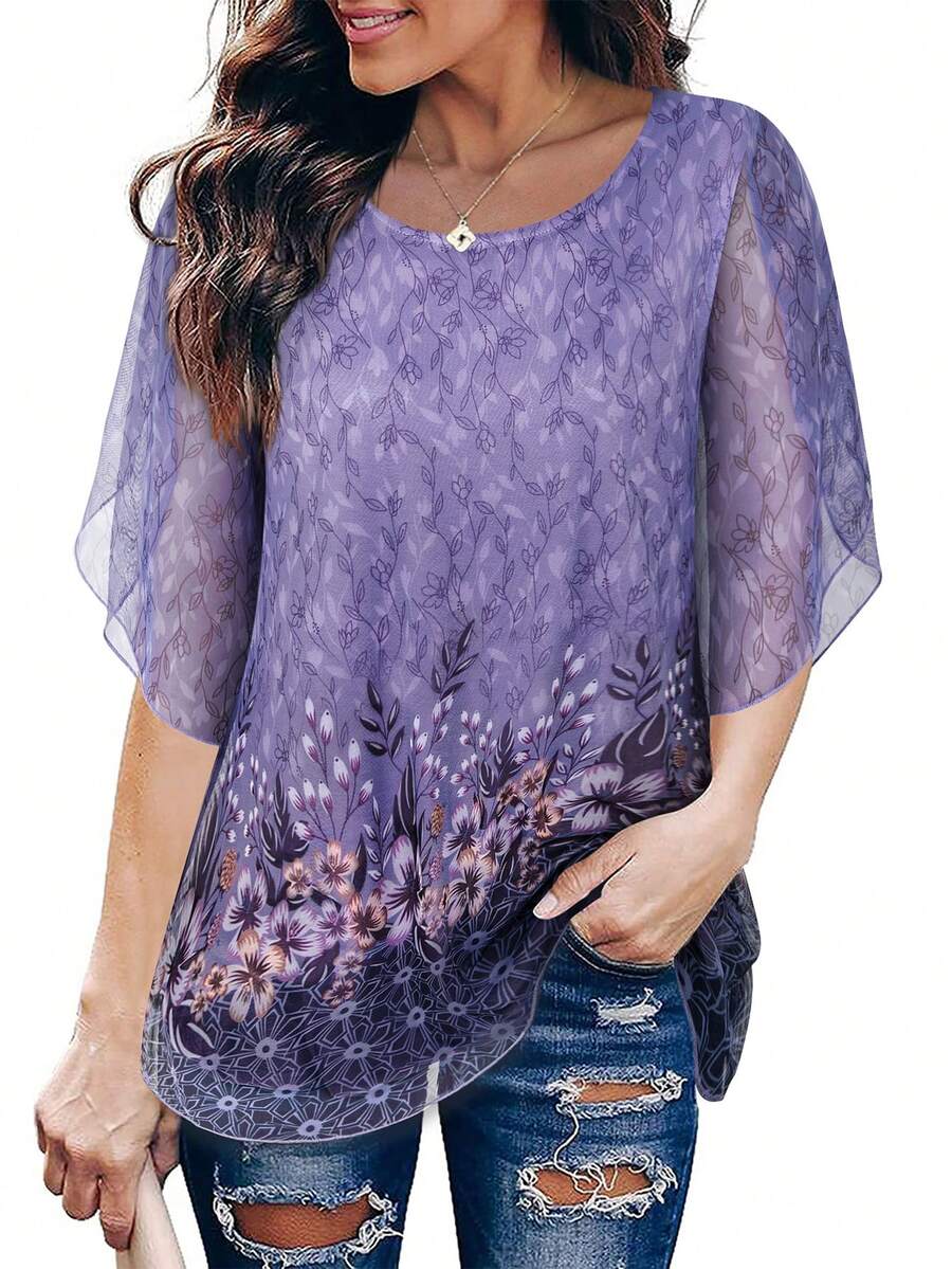 Floral Print Petal Sleeve Mesh Overlay Tee - Mauve Purple - View 1