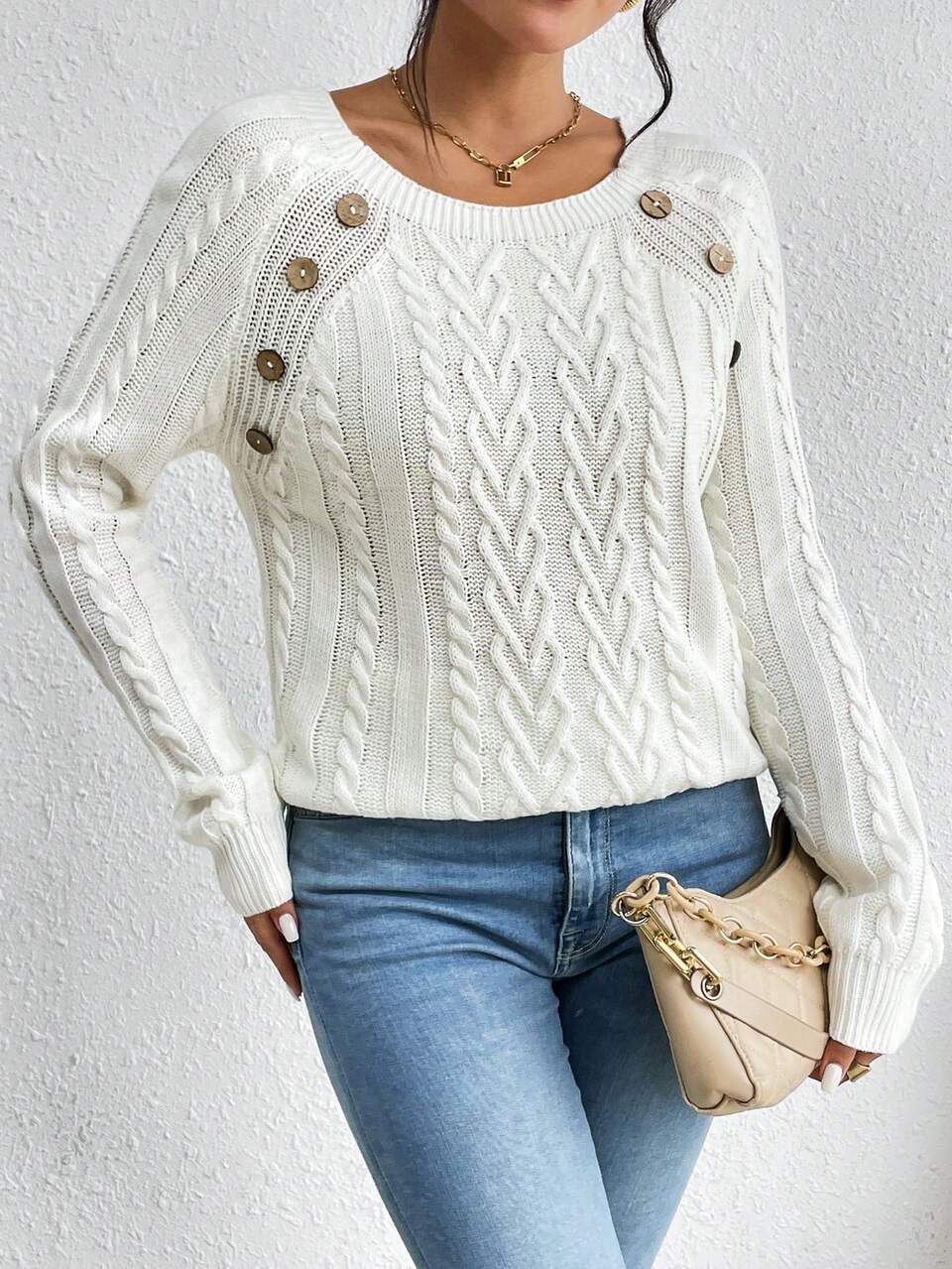 Button Detail Cable Knit Raglan Sleeve Knit Pullover Fall Winter Sweater