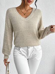 SHEIN Essnce V領落肩袖套頭毛衣 - 杏色 - 查看 4