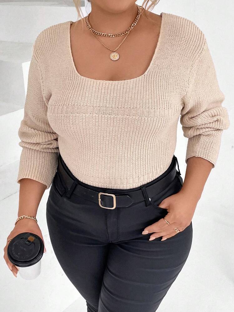 Plus Square Neck Ribbed Knit Sweater Knit Pullover Fall Winter Sweater