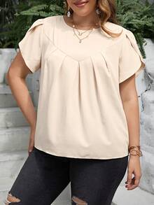 SHEIN Franclia Plus Petal Sleeve Fold Pleated Detail Blouse - Apricot - View 5