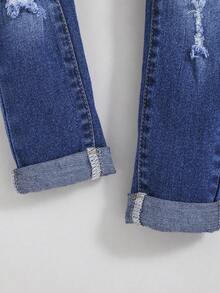 SHEIN 年輕女孩破洞磨邊漂白洗牛仔褲 - 深色水洗藍 - 查看 4