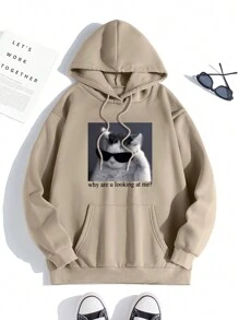 SHEIN EZwear Quần áo thể thao nữ Dây kéo Túi Thú vật Slogan Giải trí - Màu Khaki - Xem 1