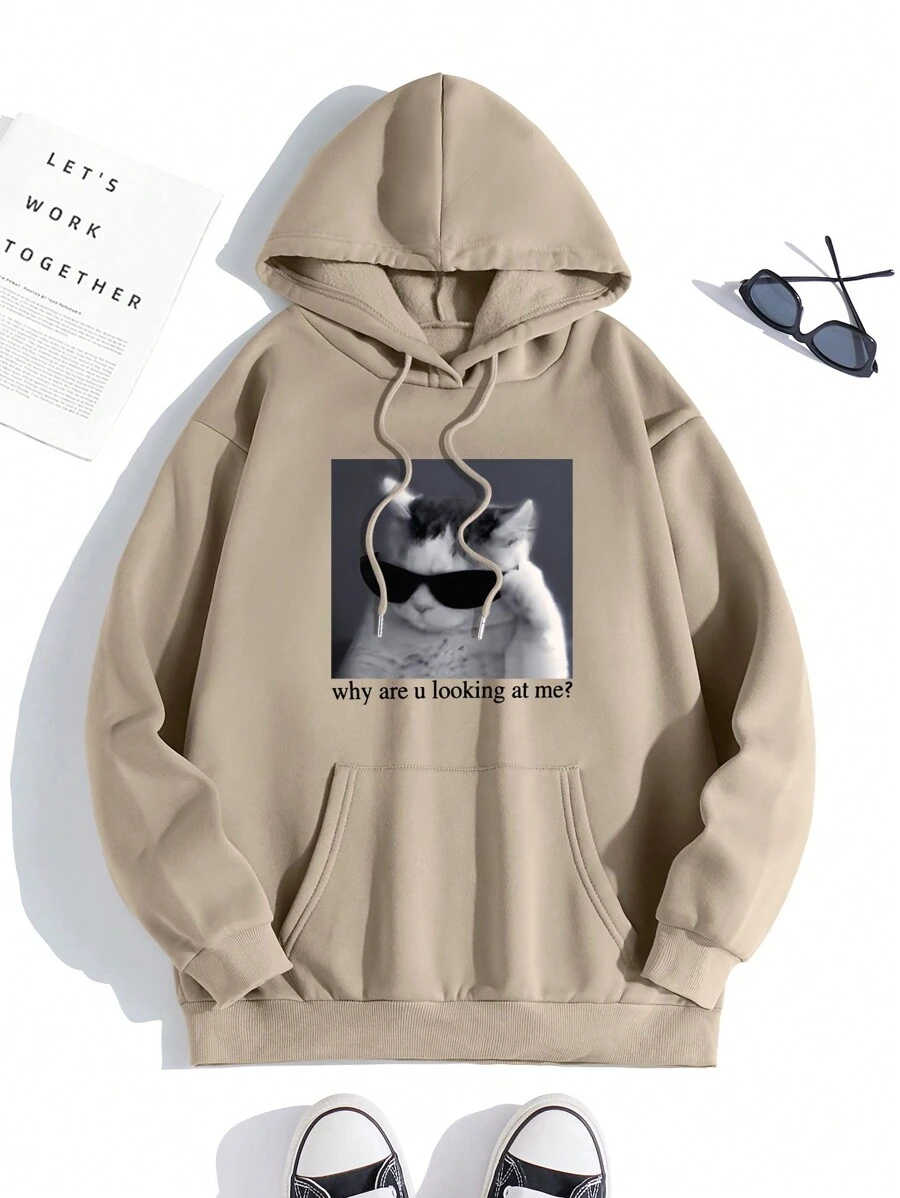 SHEIN EZwear Quần áo thể thao nữ Dây kéo Túi Thú vật Slogan Giải trí - Màu Khaki - Xem 1