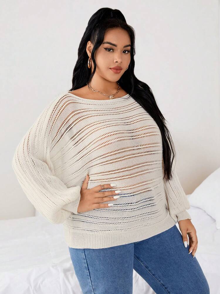 Plus Batwing Sleeve Pointelle Knit Sweater Knit Pullover Fall Winter Sweater