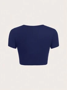 SHEIN ICON Thư được vá Contrast Piping Áo phông Crop - Màu xanh hải quân - Xem 7