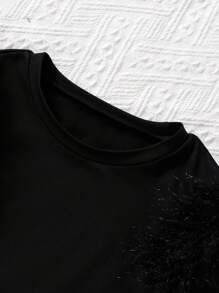 SHEIN Tween Girl Fuzzy Trim Tee - Black - View 6