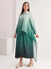Mulvari 大碼漸層前紐扣襯衫洋裝 - 綠色 - 查看 4